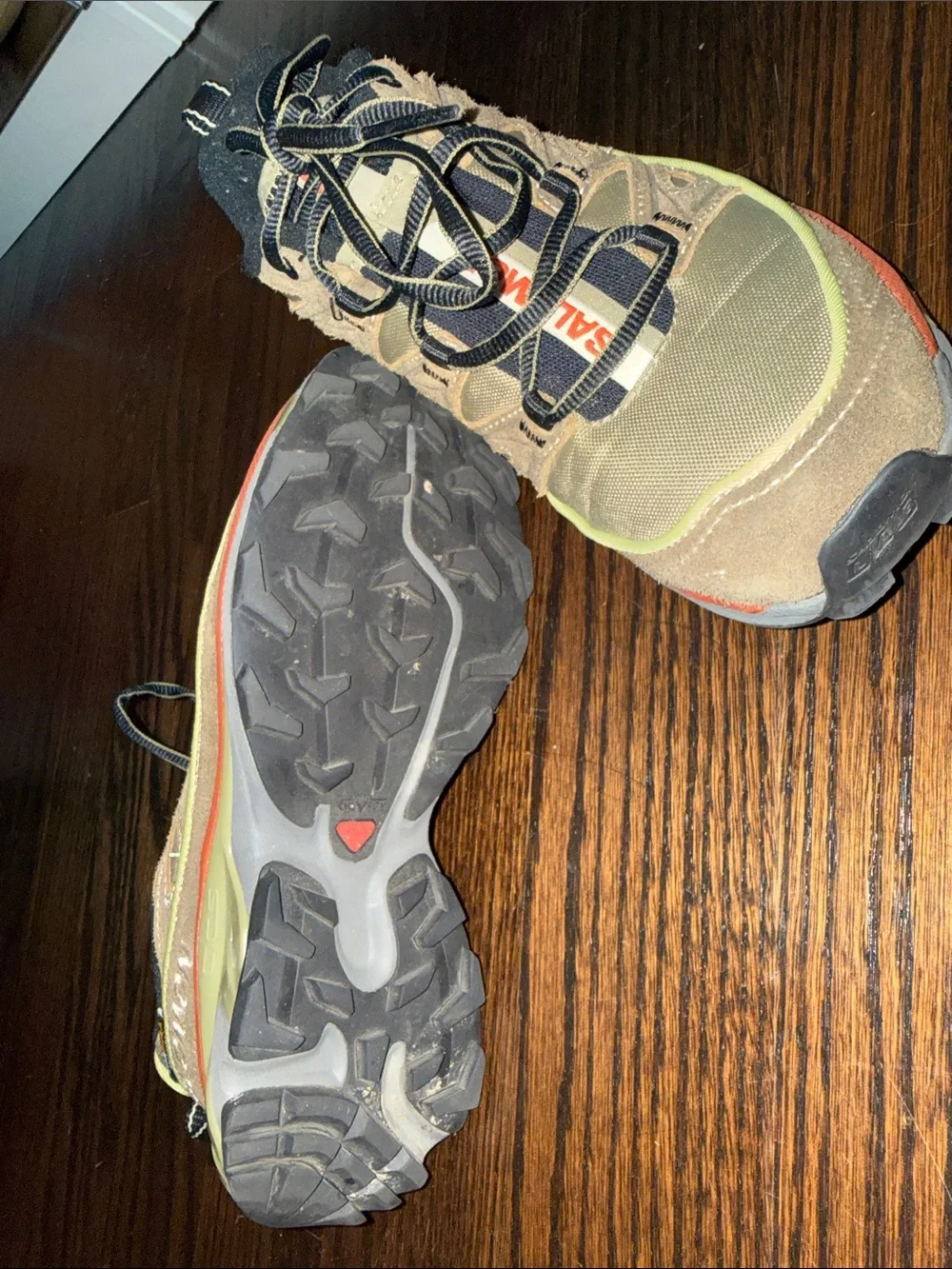Salomon Men's Tan and Black Trail Sneakers with Lime Accents